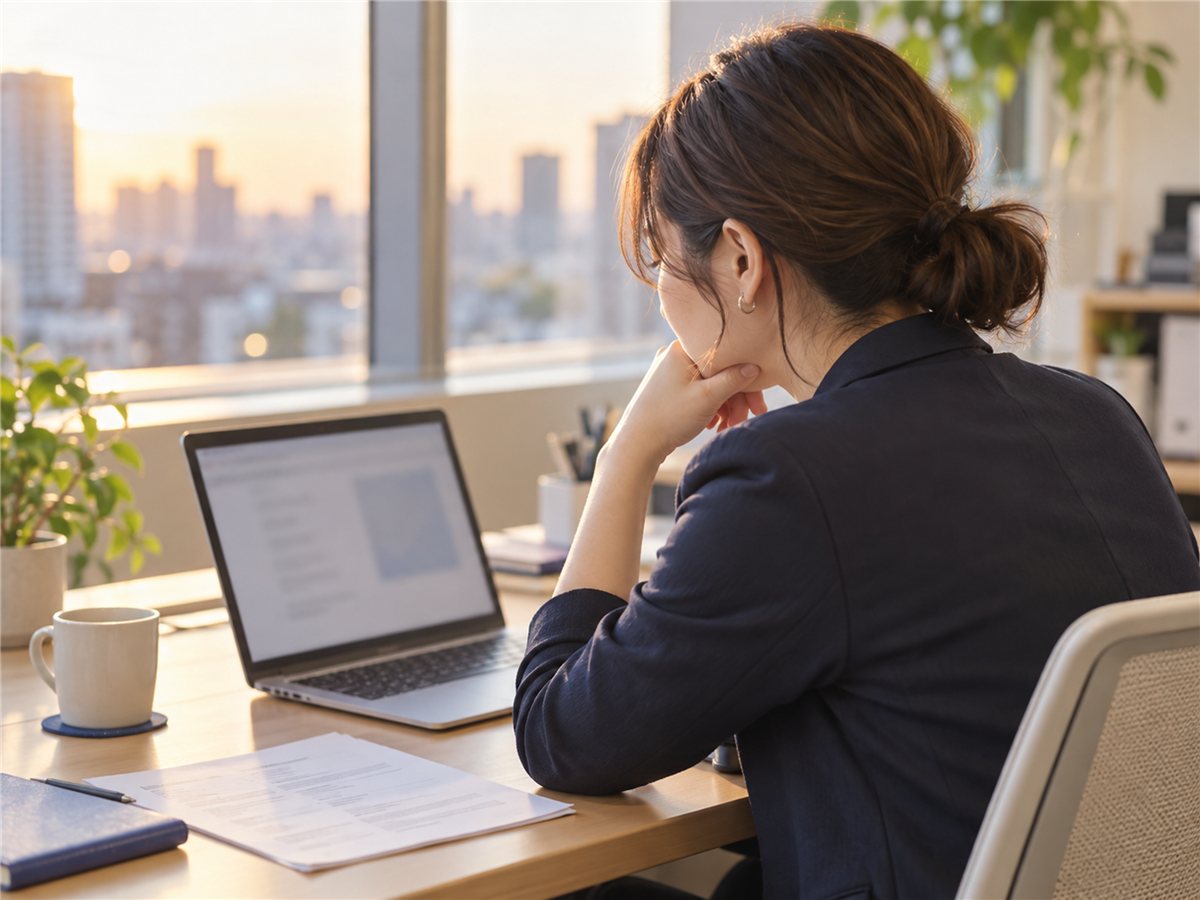 画面を見ながら考え込む人事担当者