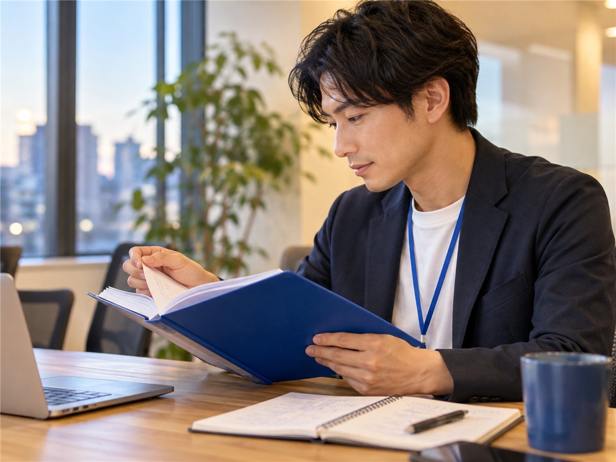 資料を広げて考える採用担当者