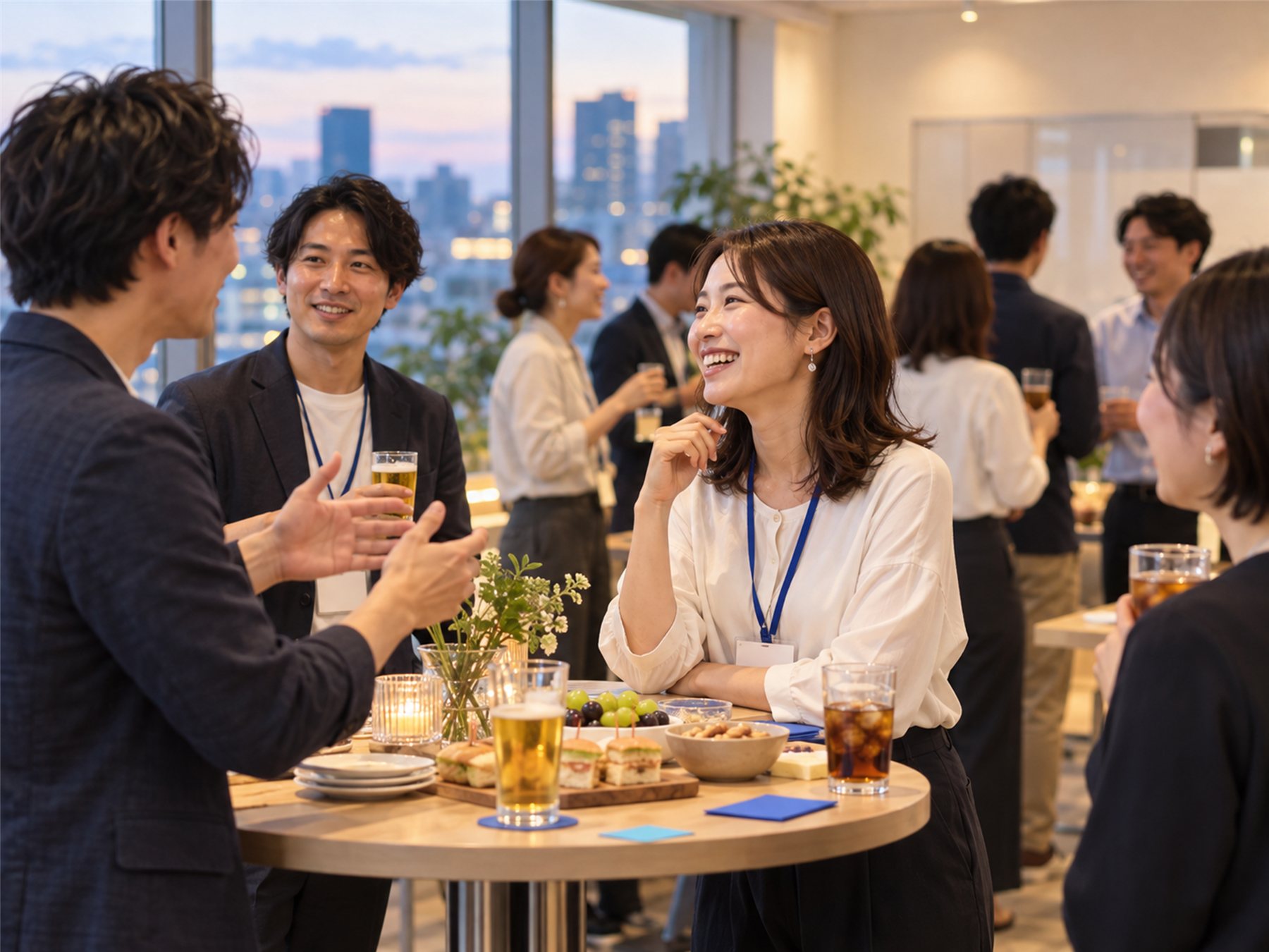 飲み物を片手に、笑顔で話す人事担当者たち
